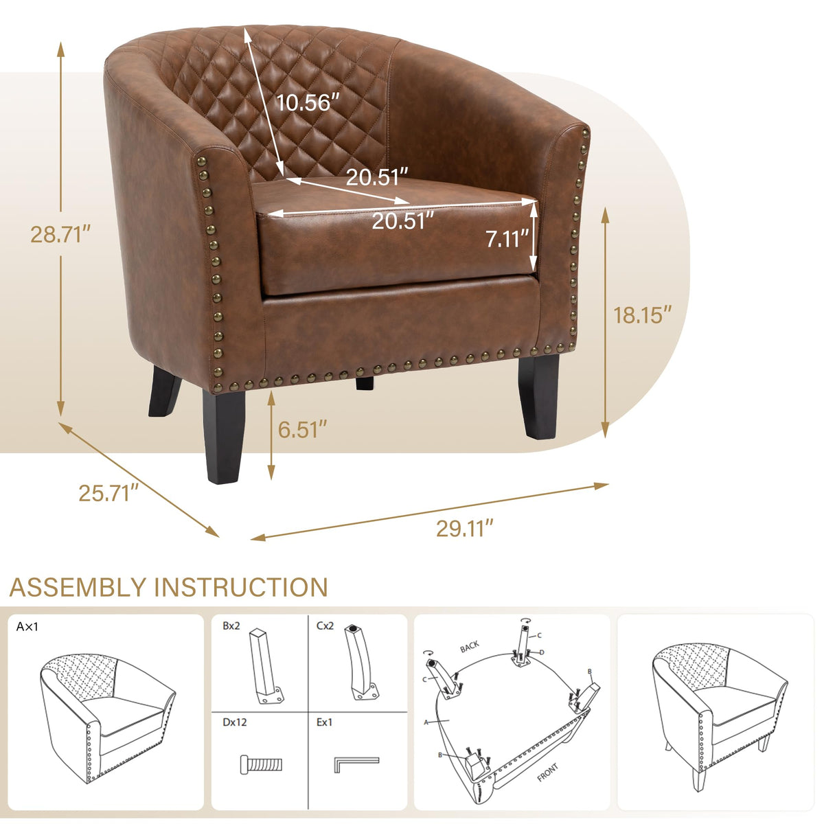 Set of 4 Faux Leather Barrel Accent Chair, Nailhead Trim & Solid Wood Legs, Brown