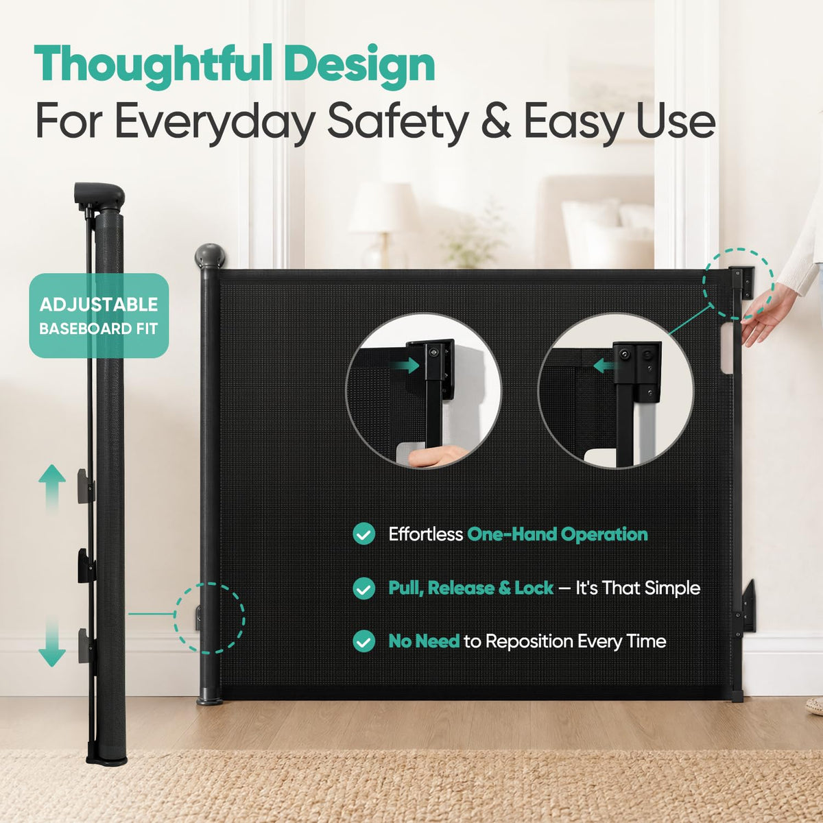 Retractable Baby Gates for Stairs, 34" Tall Expands to 55" Wide