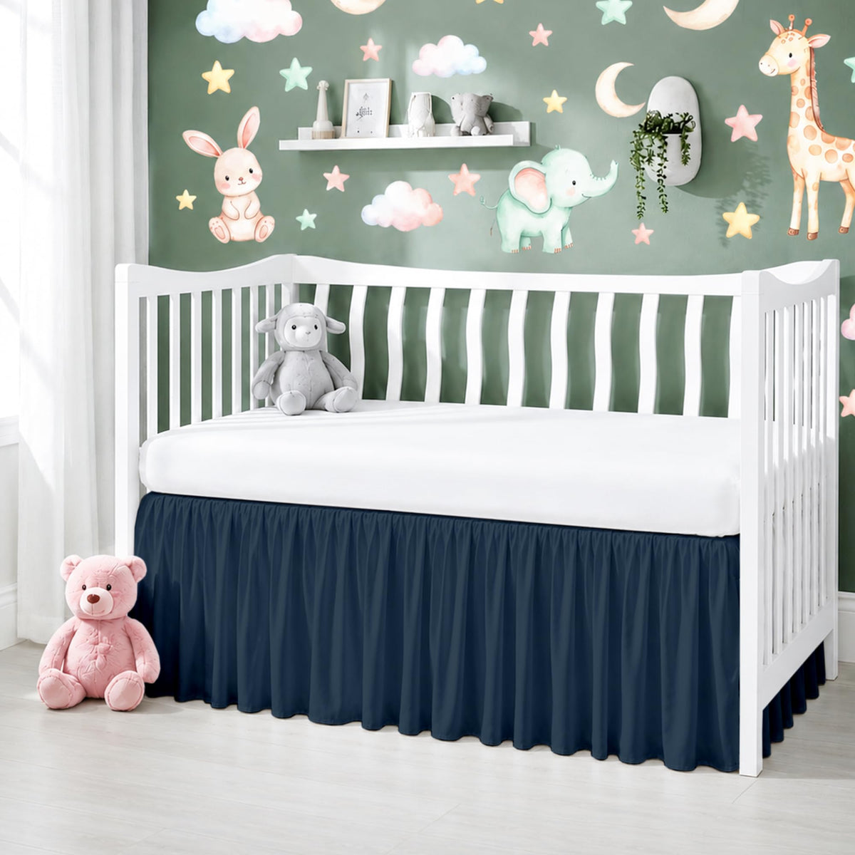 Cotton Crib Bed Skirt Dust Ruffle with Split Corners, 14" Drop, Navy Blue