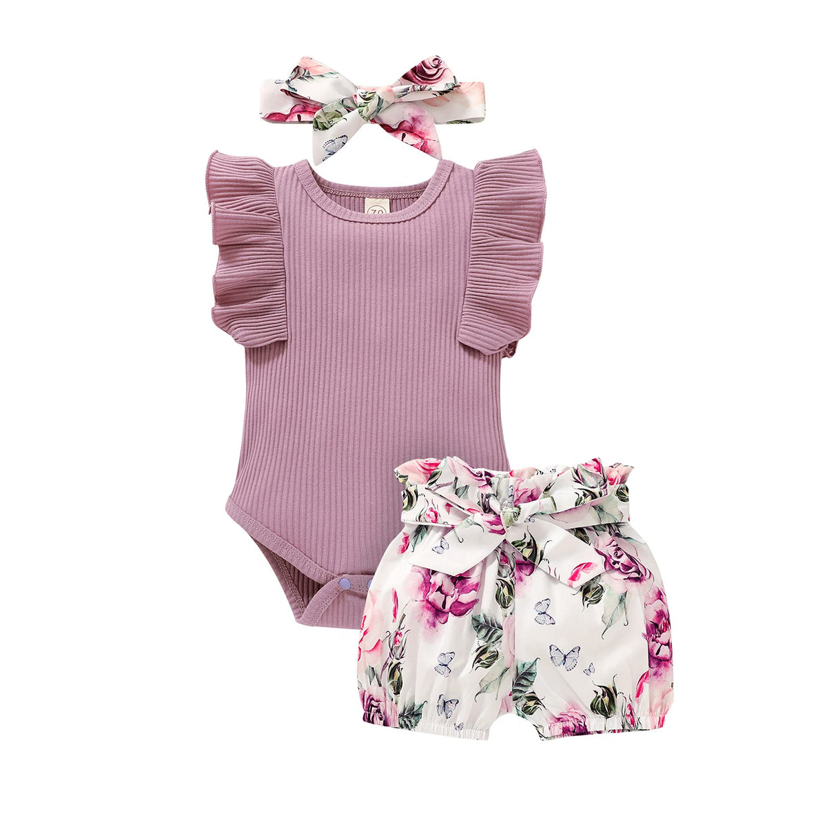 Baby Girl Clothes Infant Summer Outfits Set Ruffle Sleeve Romper and Floral Shorts with Headband