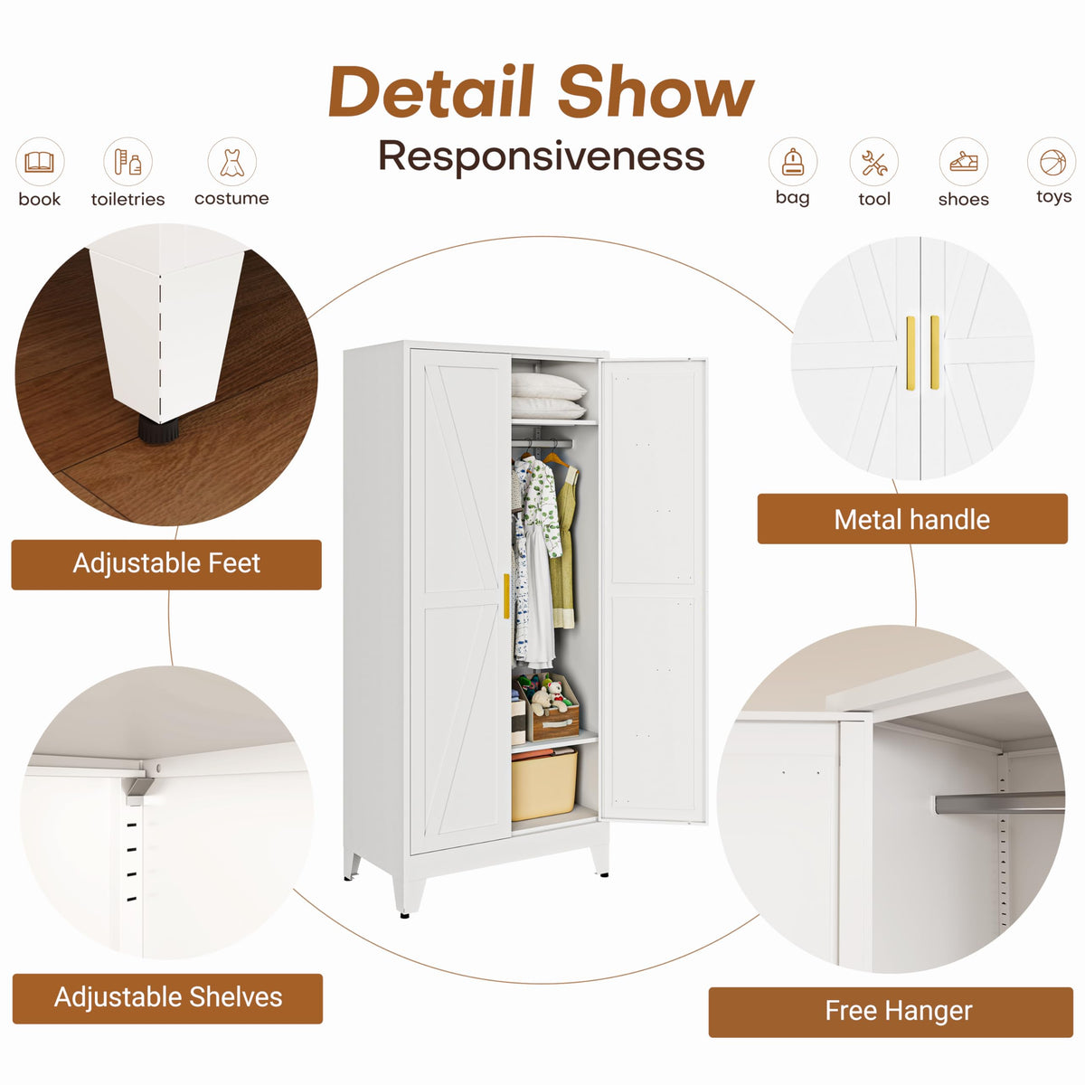 71" Metal Wardrobe Closet Clothing Storage Cabinet with Hanging Rod