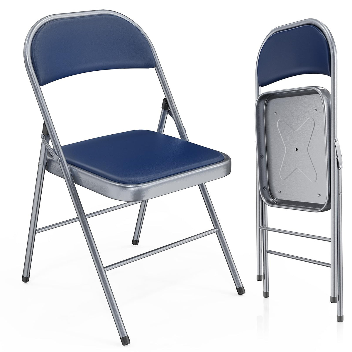 2 Pack Folding Chairs with Padded Seats, Metal Frame with Pu Leather Seat & Back, Capacity 350 lbs, Set of 2, Blue
