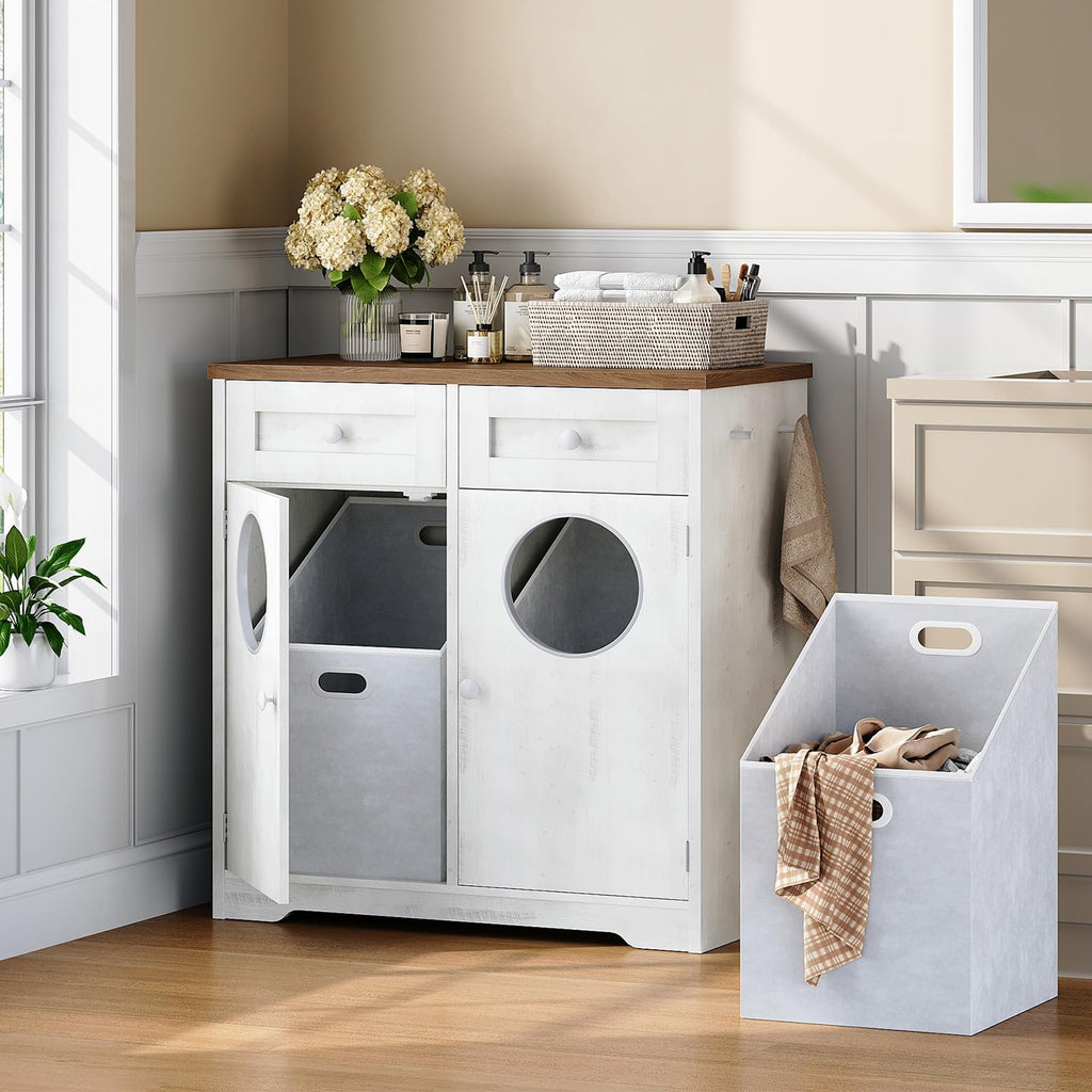 Double Laundry Hamper Cabinet, Hidden Laundry Cabinet with 2 Drawers & 2 Baskets, 20 Gallon Farmhouse Bathroom