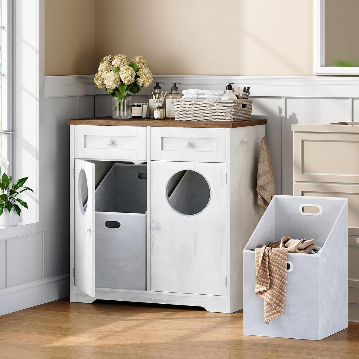 Double Laundry Hamper Cabinet, Hidden Laundry Cabinet with 2 Drawers & 2 Baskets, 20 Gallon Farmhouse Bathroom