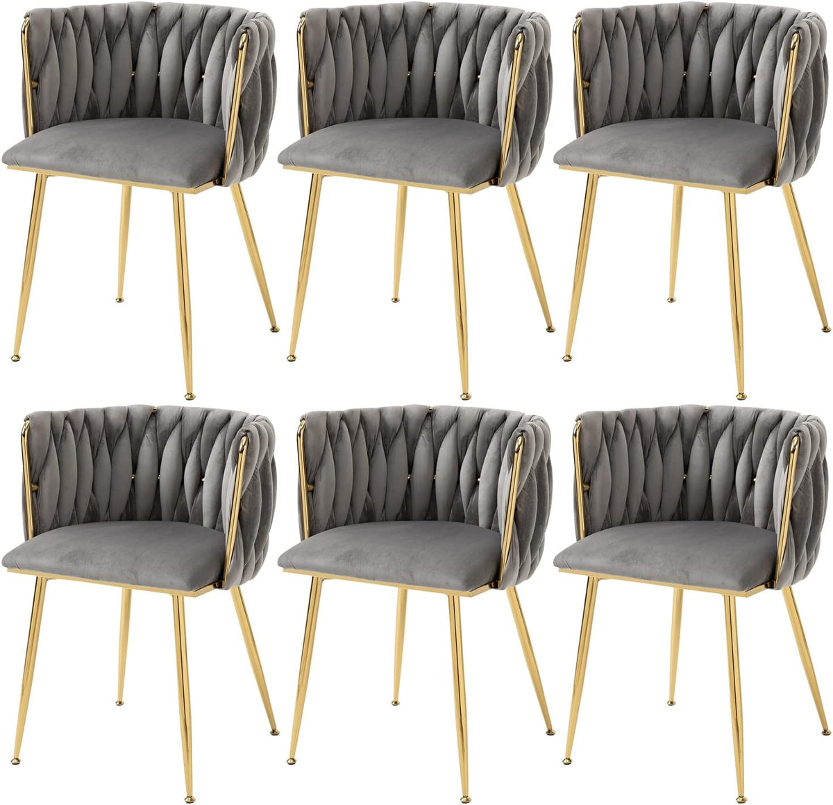 Woven Velvet Dining Chairs Set of 6, Upholstered Accent Chairs with Gold Metal Legs, Modern Dining Room Chairs, Grey