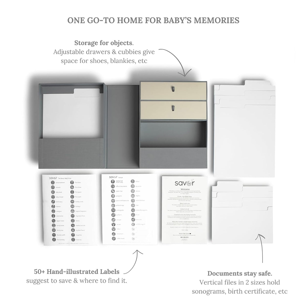 Baby Keepsake Organizer Box | The Original Fabric Acid-Free Modern Minimalist Gender-neutral Memory Box with Labels