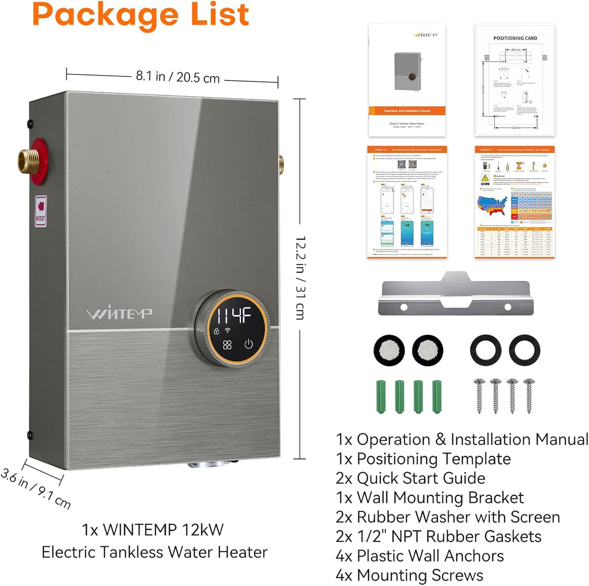 Tankless Water Heater Electric 12kW, 240 Volt On Demand Instant Hot Water Heater, Within 1℉ Stable Temp