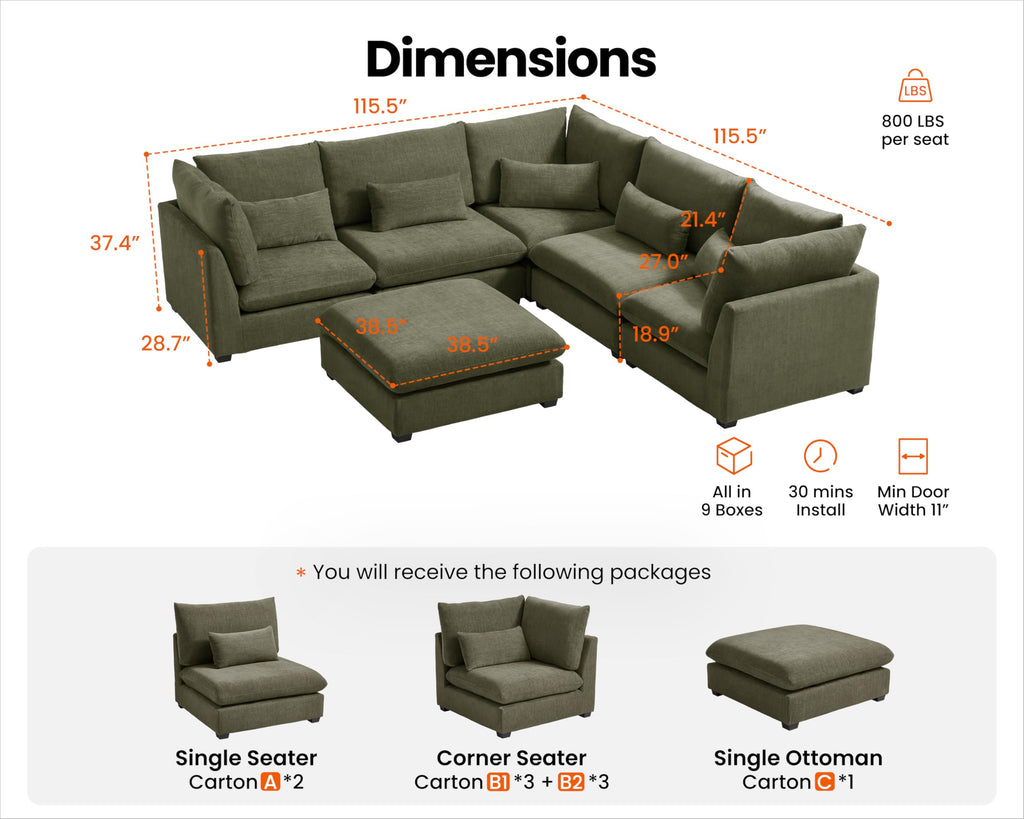 115" Oversize Chenille Modular Sectional Sofa Couches, Green
