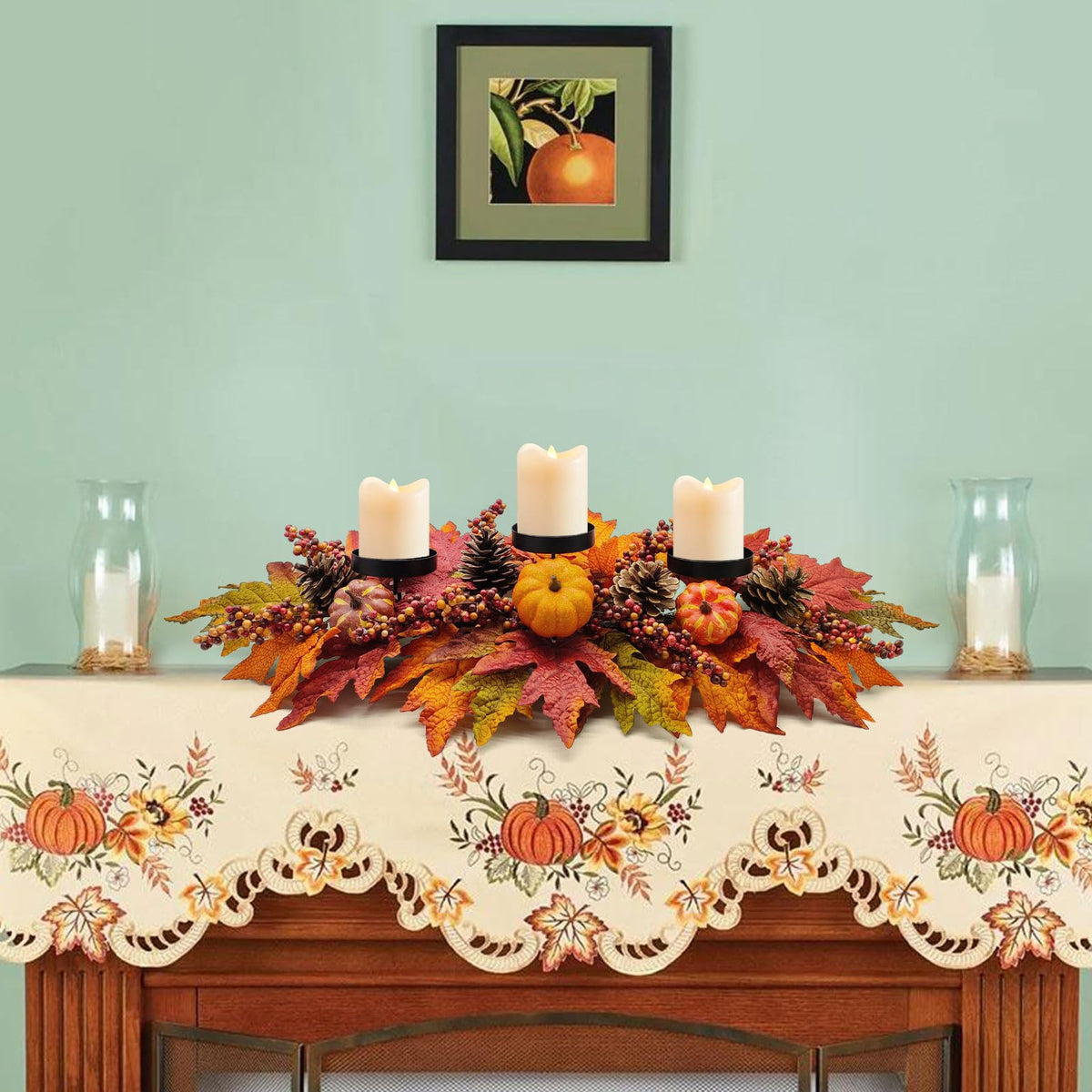 Fall Centerpiece Table Decorations, 27.5'' L Assorted Artificial Pumpkins, Pine Cones, Berries, and Autumn Leaves