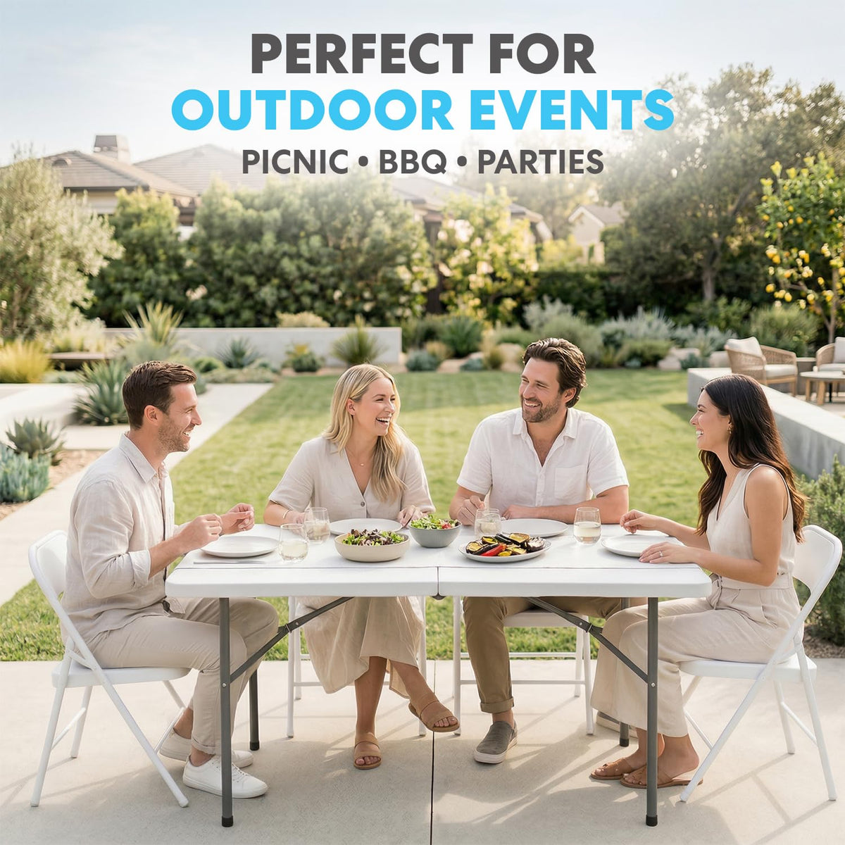 4ft Plastic Folding Table, Indoor Outdoor Heavy Duty Portable/Handle, Lock for Picnic, Party, Camping - White