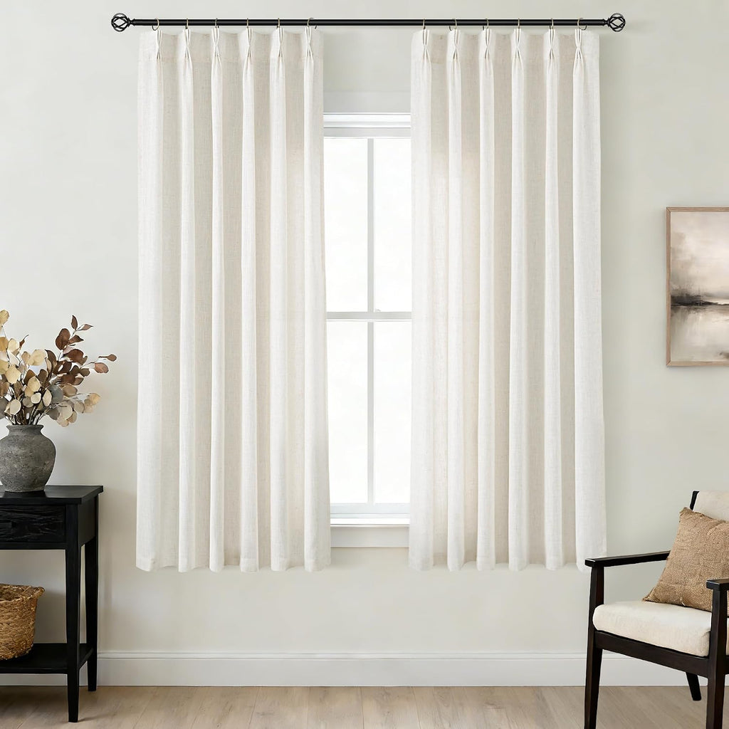 Triple Pinch Pleated Linen Curtains 2 Panels Set Track System Curtains Neutral Modern Farmhouse Light