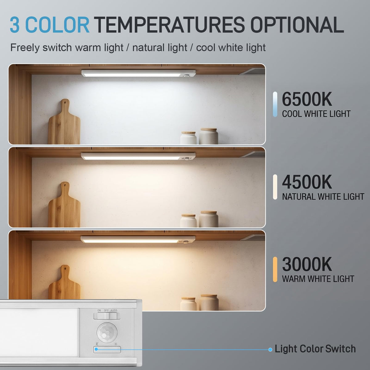 6Pack Aluminum Under Cabinet Lighting, 10inch Rechargeable Ultra-Thin Magnetic Motion Sensor Closet Lights, 3 Colors