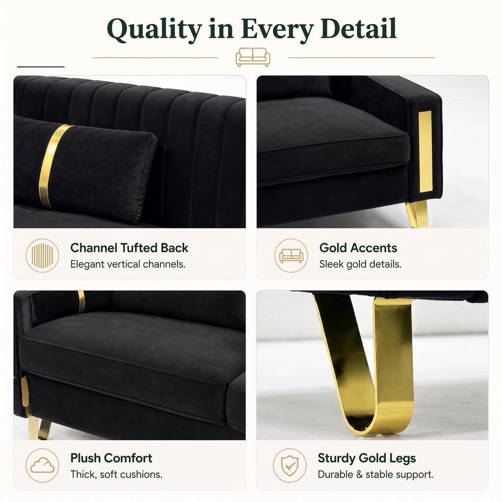 2-Piece Loveseat Couch Set, 86" Black 3-Seater Velvet Sofa Couch with 4 Pillows & Gold Metal Legs, Modern