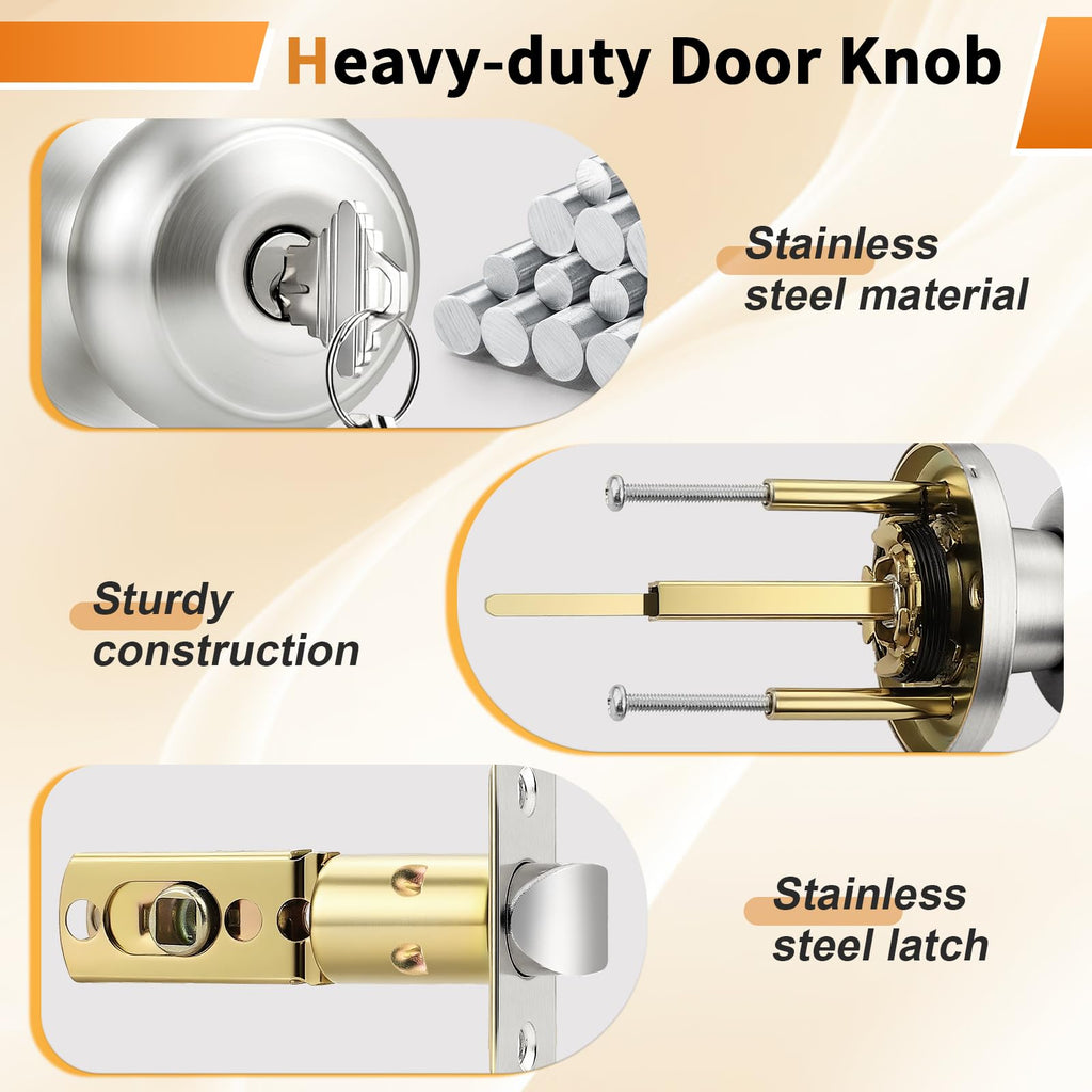 Keyed Alike Door Knobs with Lock and Key, Exterior Door Locks, Flat Ball Knob Style, Brushed Nickel, 5 Pack