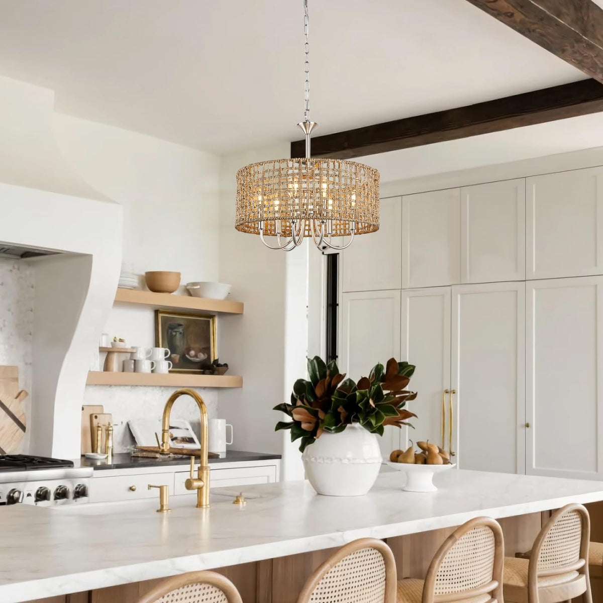 17.7" Brushed Nickel Rattan Chandelier, 6-Light Boho Wicker Light Fixture