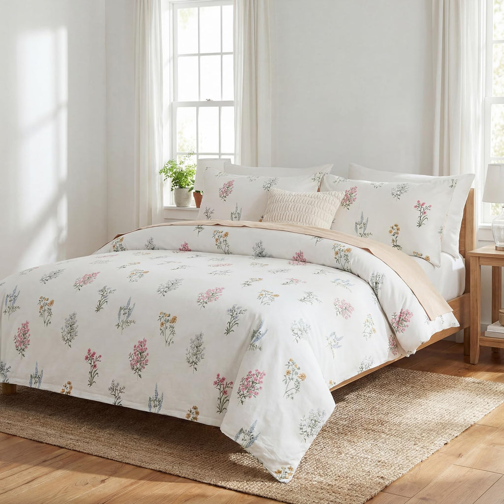 100% Washed Cotton Duvet Cover - Linen Like Reversible Durable Soft Floral Duvet Cover Sets, 3 Pieces White
