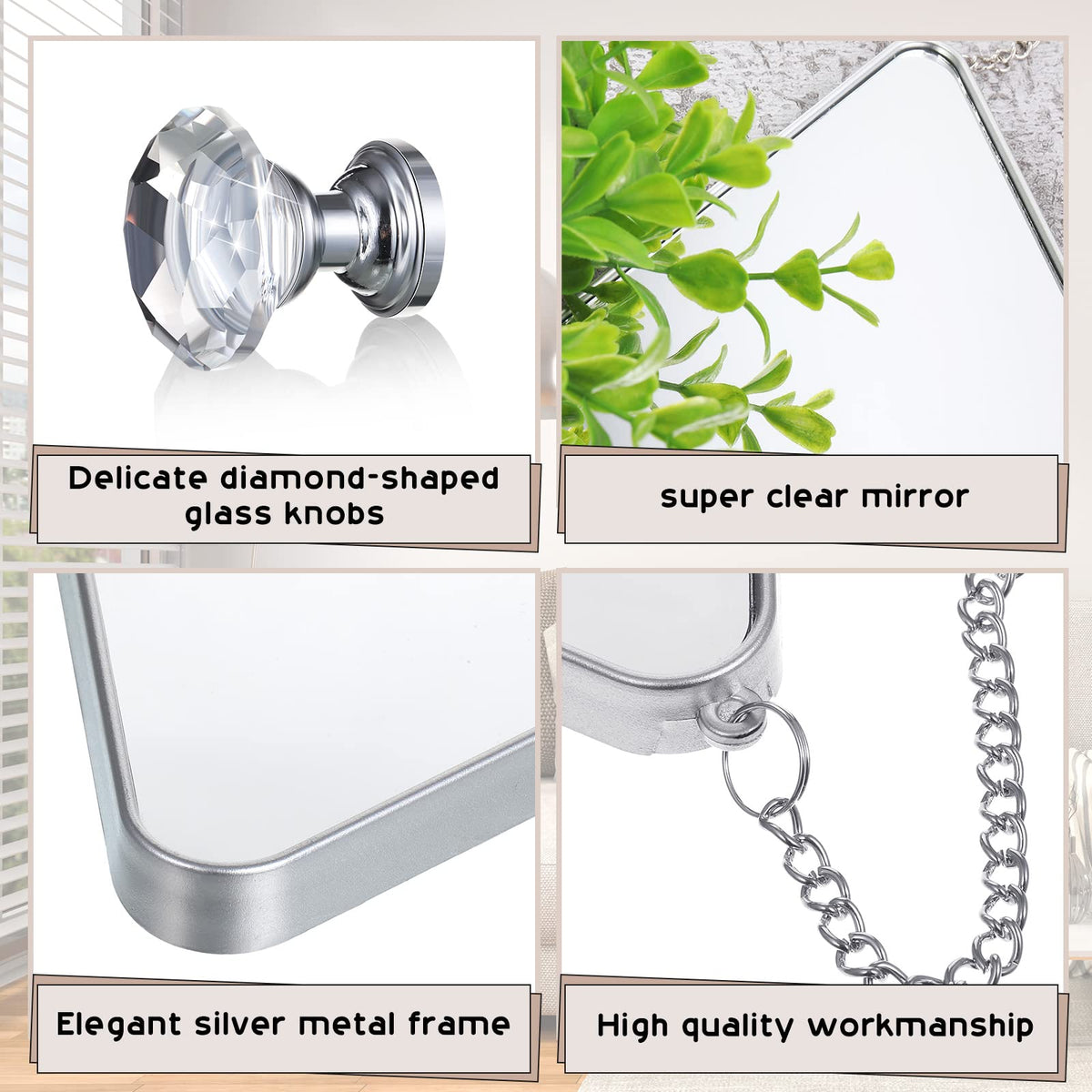 Diamond Wall Mirror Set with Hanging Diamond Handle Chain, Silver