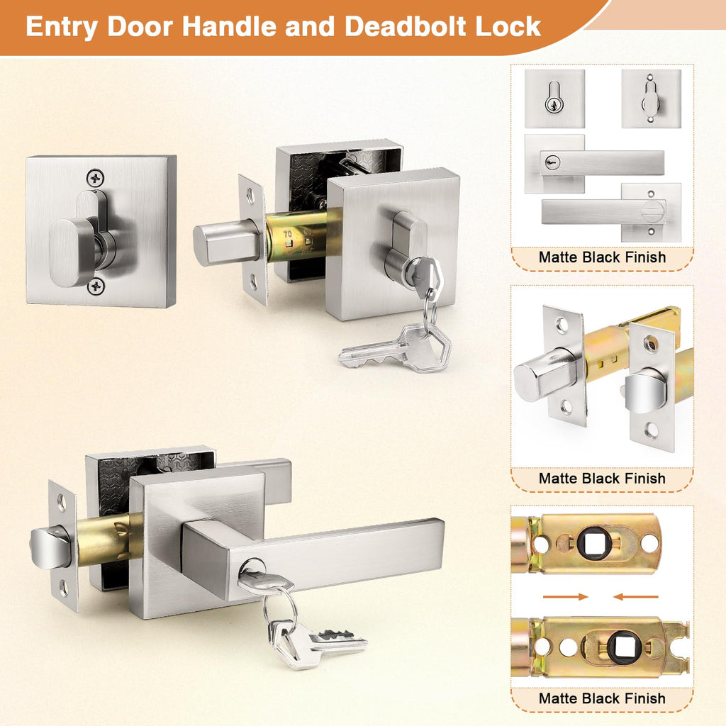 Square Keyed Entry Levers and Single Cylinder Deadbolts Combo Pack, Satin Nickel Heavy Duty Entrance Locksets Bedroom