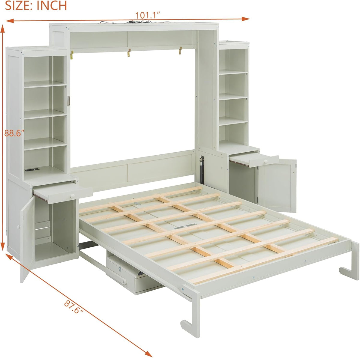 Queen Murphy Bed with Desk & Storage, Wood Wall Bed for Apartments Bedroom Home Office Studio (White#B, Queen)