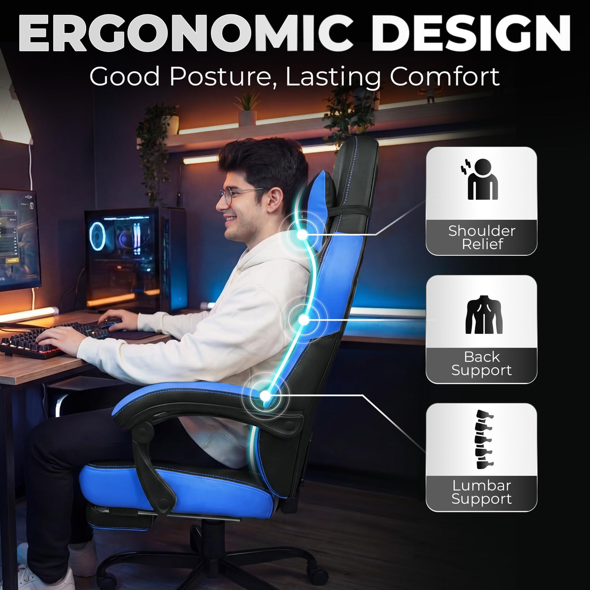 Big & Tall Gaming Chair with Footrest, Lumbar Support, Blue