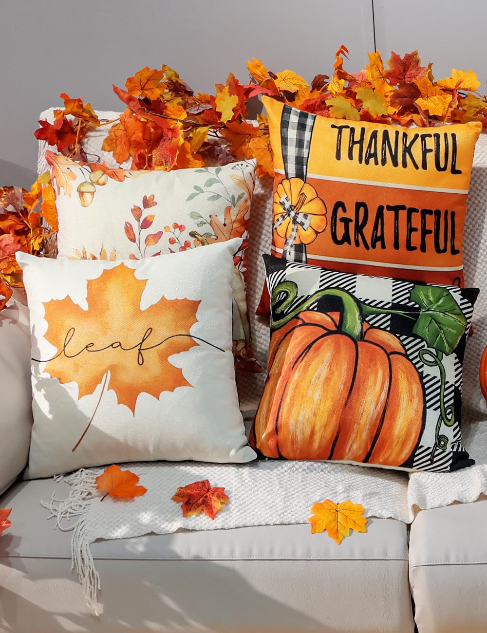 Fall Pillow Covers 18x18 4Pcs Double‐Sided Print Autumn Home Decor