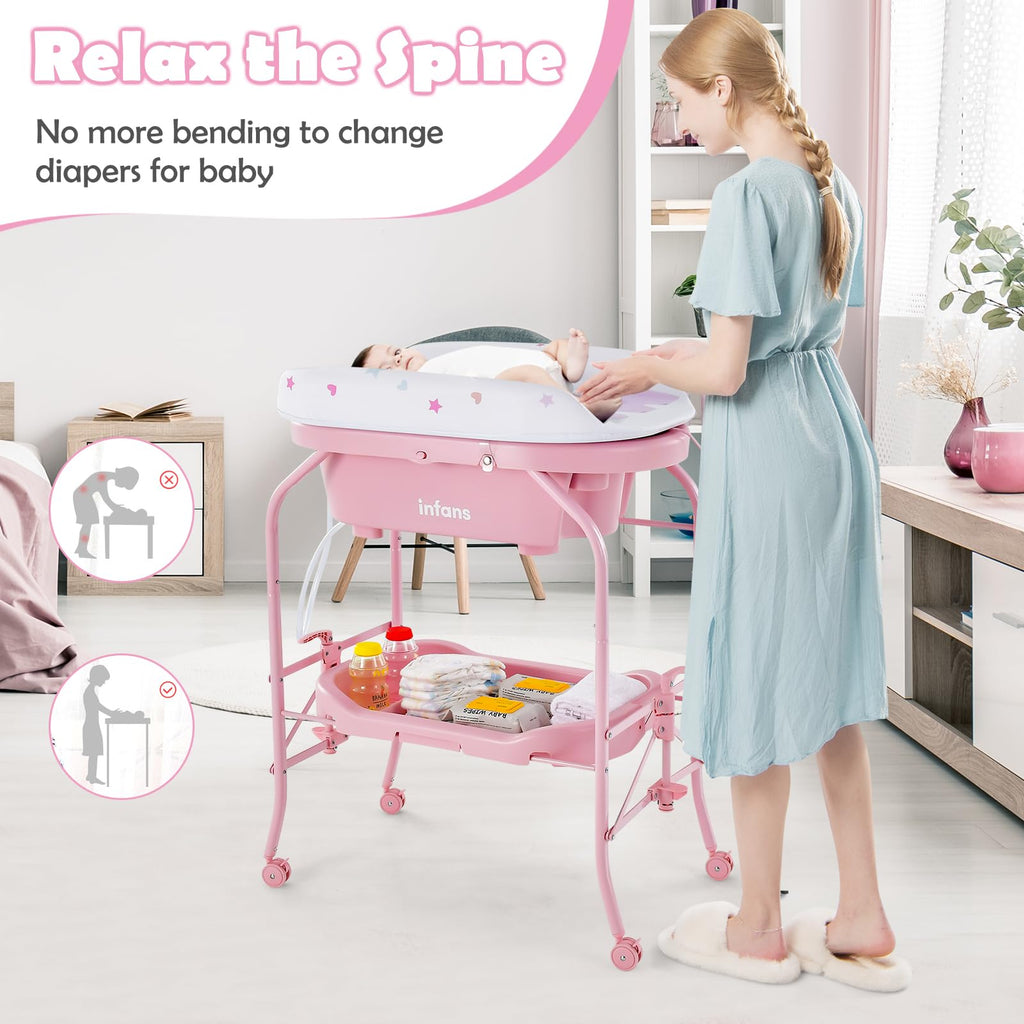 2 in 1 Baby Changing Table with Bath Tub Unit, Folding Diaper Dresser Station with Wheels Waterproof Pad Storage