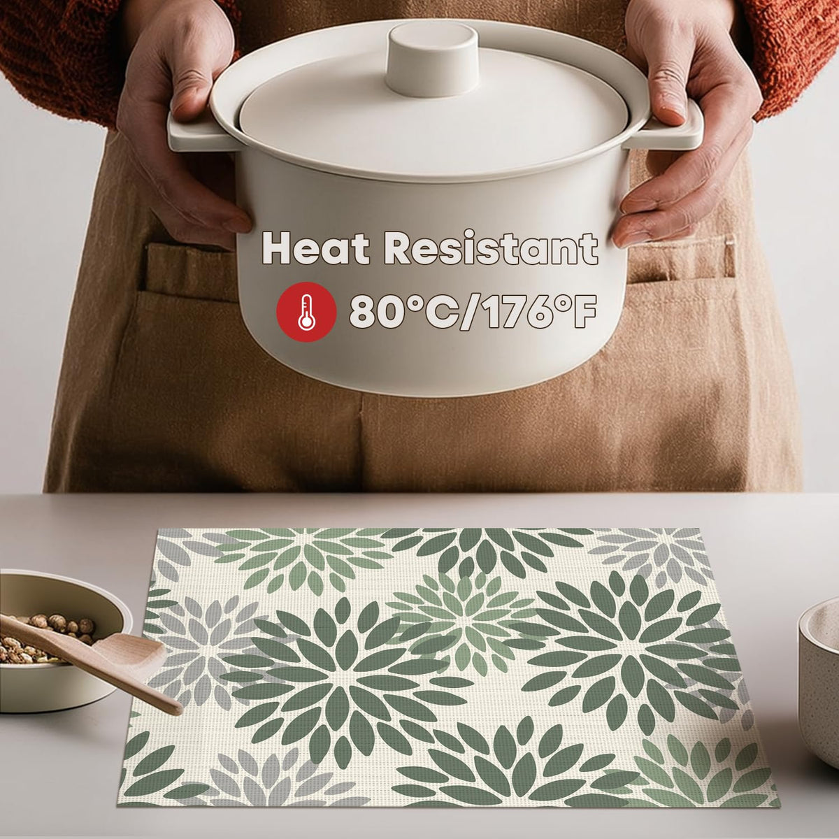 Floral Vinyl Placemats Set of 6, 12x18 Inch Thanksgiving Washable Non-Slip Plastic Vinyl Place Mats for Party Kitchen