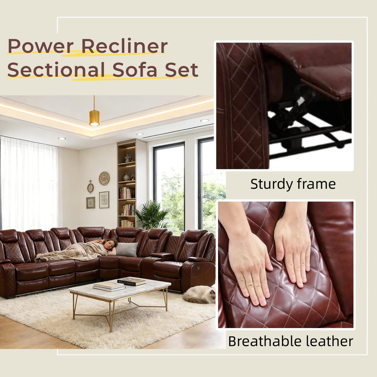 Leather Power Reclining Sectional Sofa with USB charging
