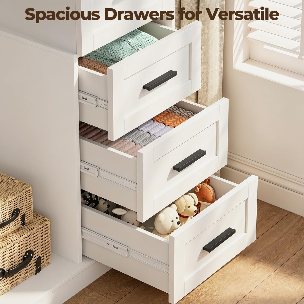 Wardrobe Closet with Doors, Bedroom Armoire with 3 Drawers and Hanging Rod