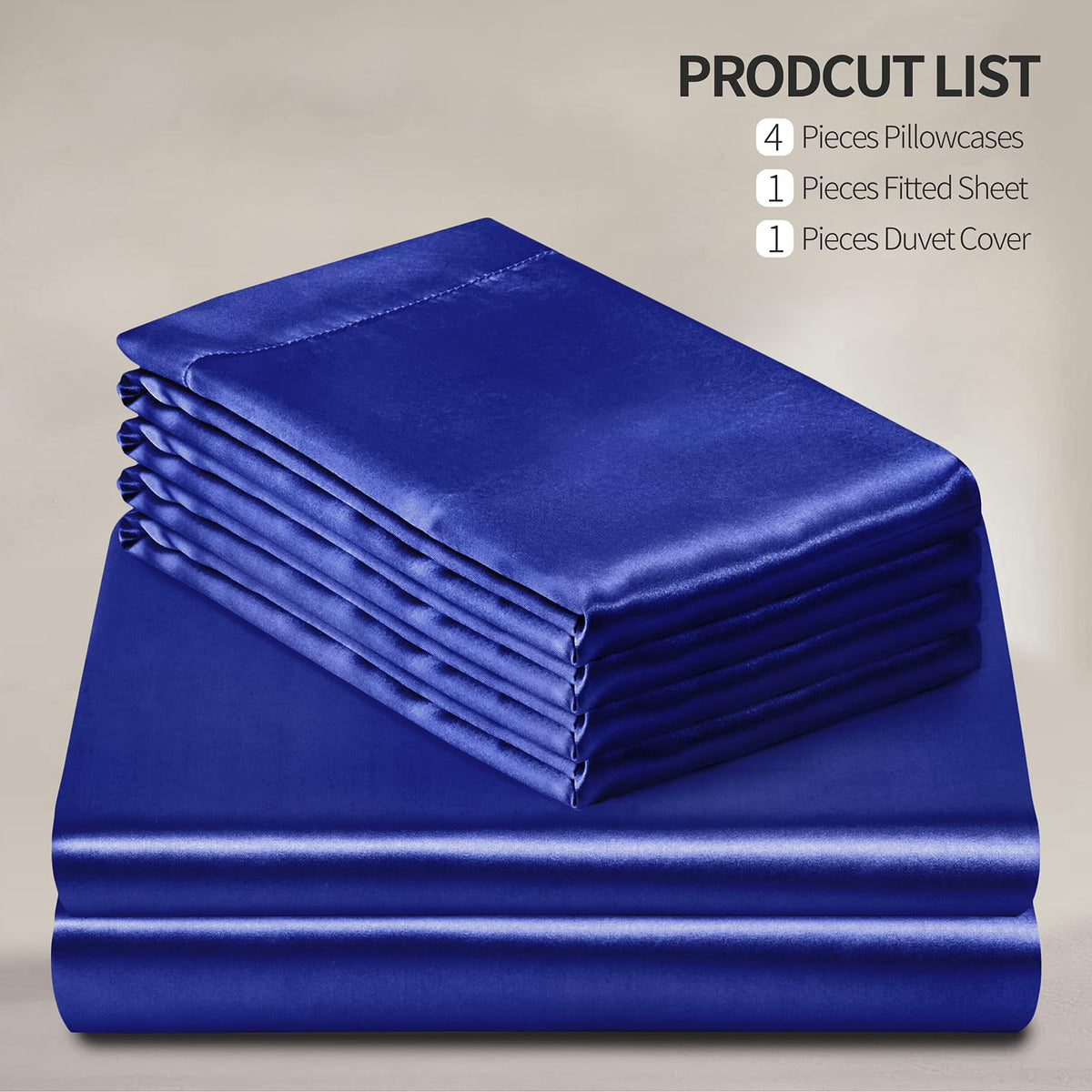 Royal Blue Satin Duvet Cover Set - 6Pc Bed Linen Set with Fitted Sheet & 4 Pillowcases