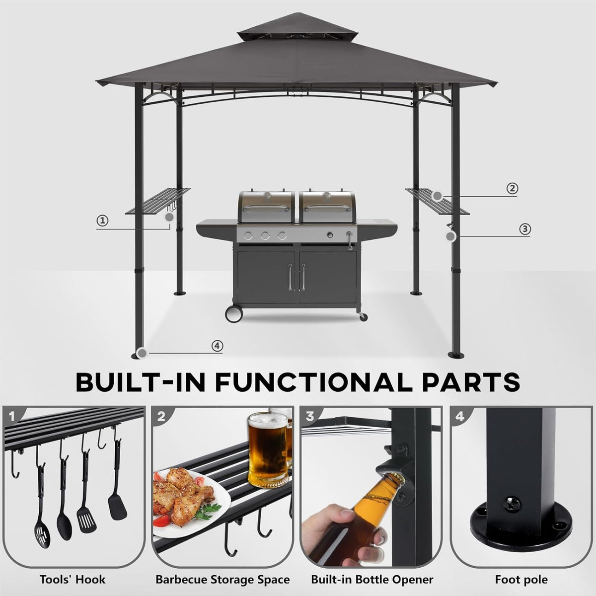 8'x 5' Grill Gazebo Double Tiered Outdoor BBQ Gazebo Canopy with LED Light (Gray)