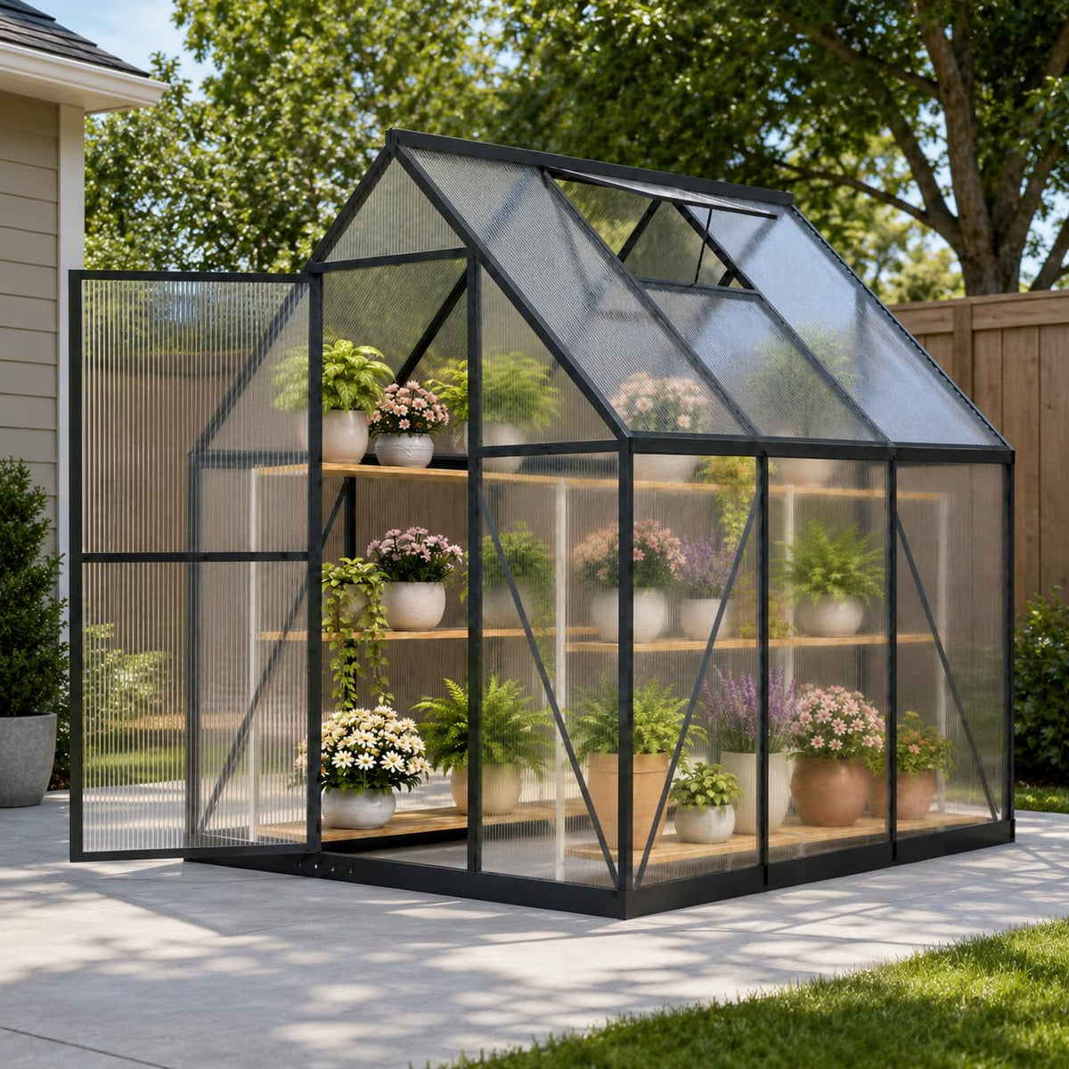 6 x 6 FT Polycarbonate Greenhouse for Outdoors, Heavy Duty Walk-in Greenhouses with Roof Air Vent, Aluminum Outdoor