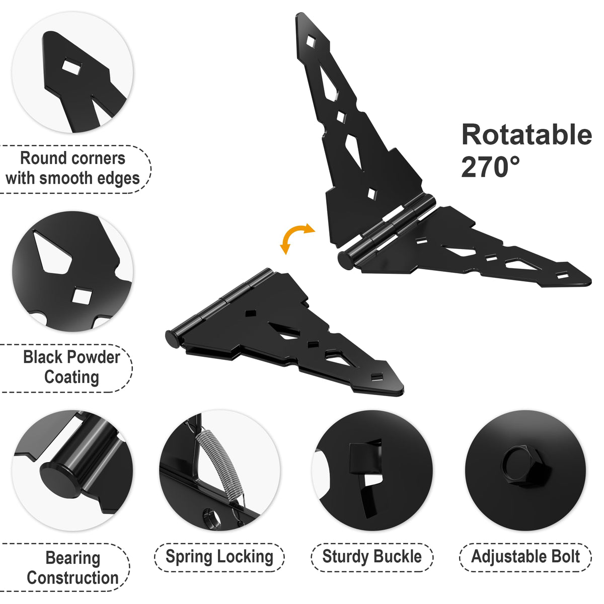 8" Heavy Duty Decorative Strap Hinges and Spring Loaded Latch Kit with Screws for Outdoor Fence Swing Gate Black