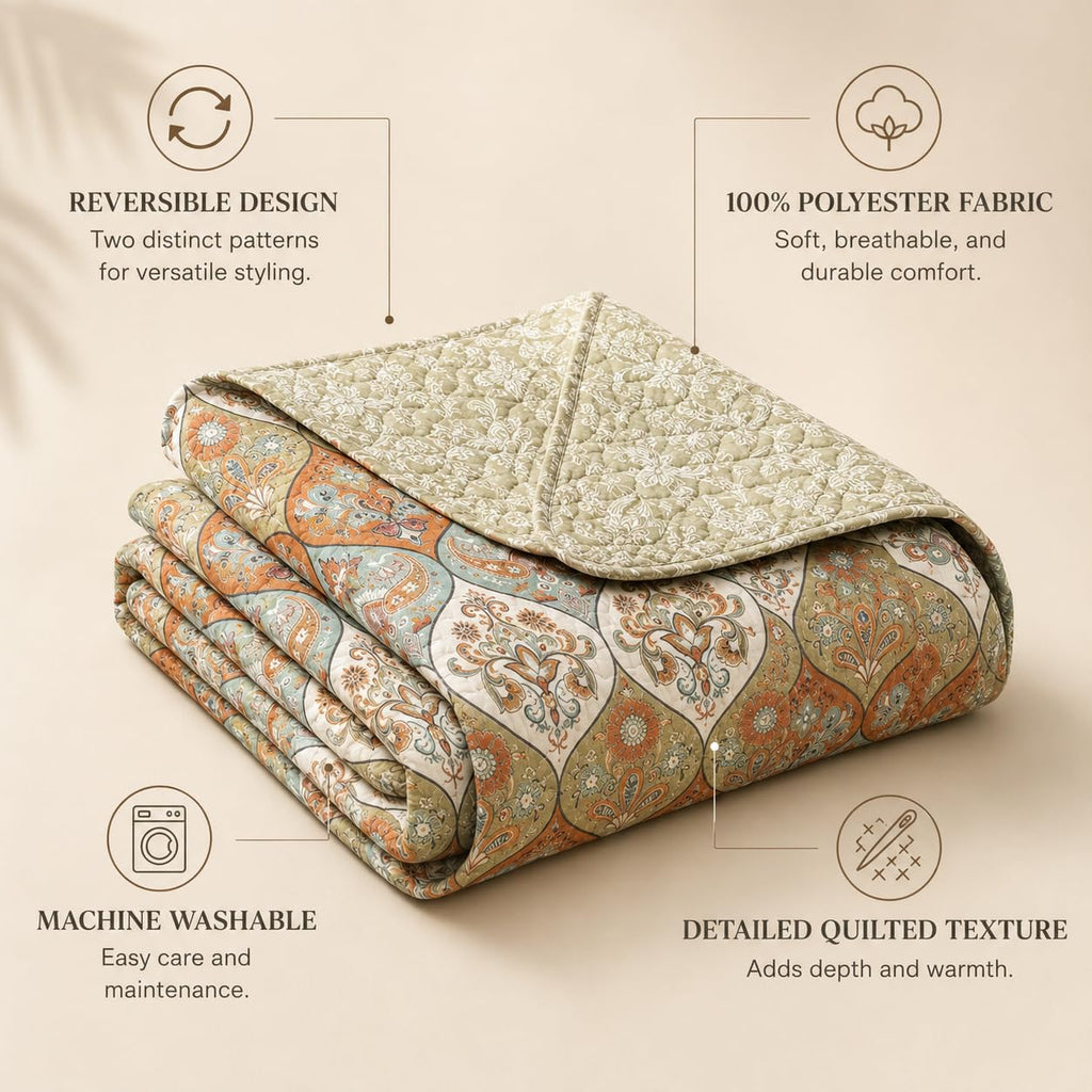 Bohemian Bedspread Set - Floral Paisley Garden Party Reversible Coverlet - Bright Vibrant Multi-Colorful Blue Salmon