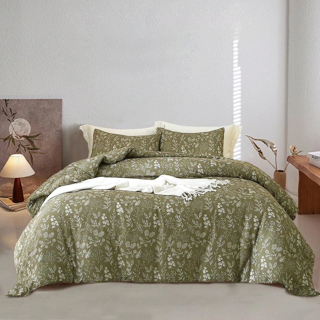 Fresh Garden Green Floral Duvet Cover King Soft Cotton Chic Shabby Small Cute Floral Botanical Bedding Set with 2