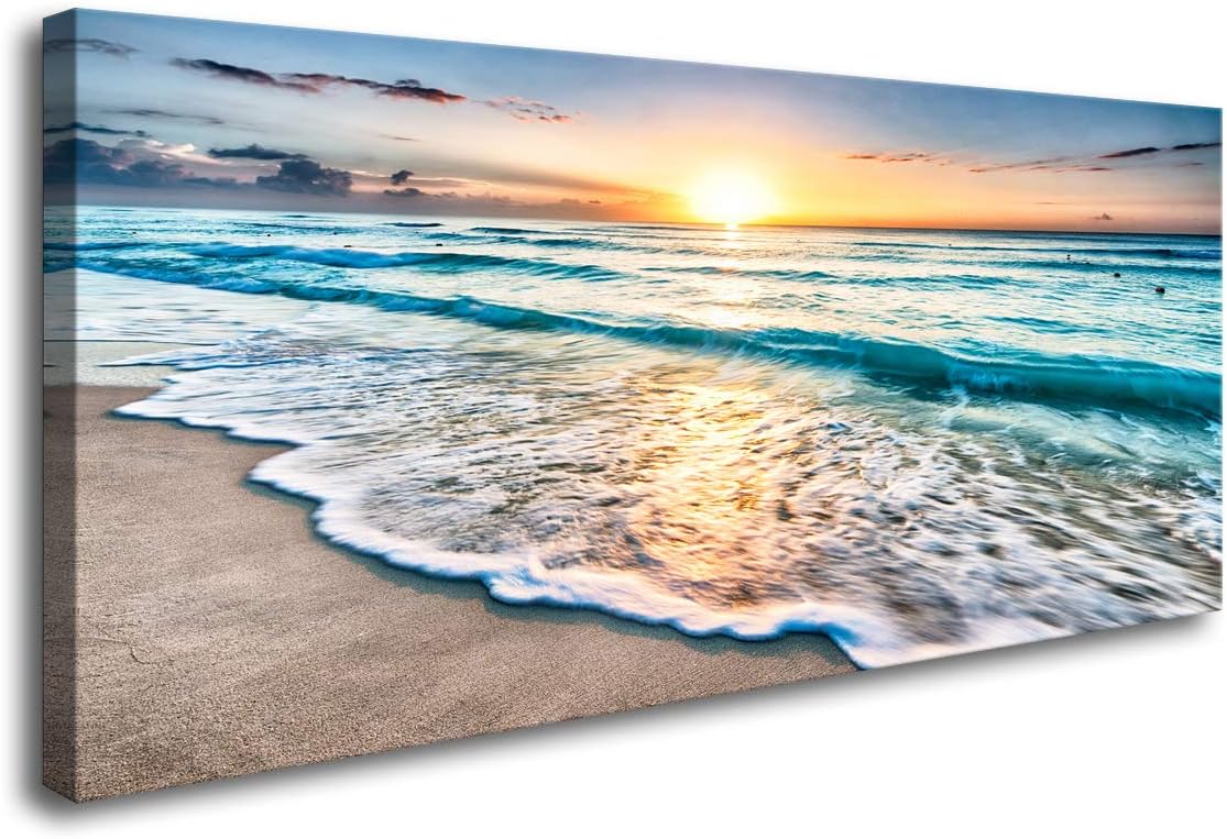 S02250 Canvas Prints Wall Art Beach Sunset Ocean Waves Nature Pictures Stretched Canvas Wooden Framed Bedroom and