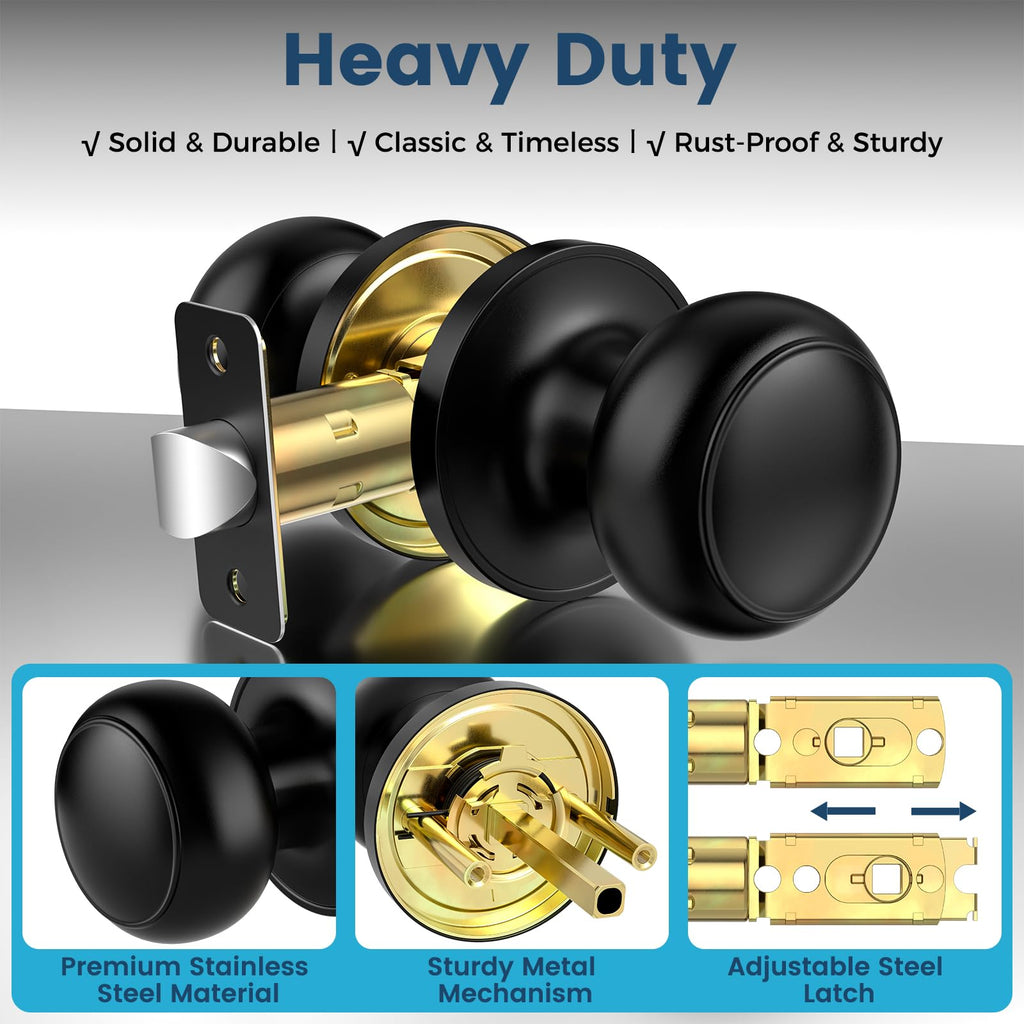 Passage Door Knobs, 5 Pack Matte Black Door Knobs, Hallway Closet Non-Locking Interior Doorknobs, Round Door Handles