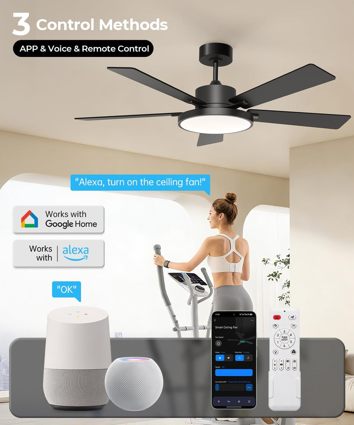 52" Smart Flush Mount Ceiling Fan with Light & Remote