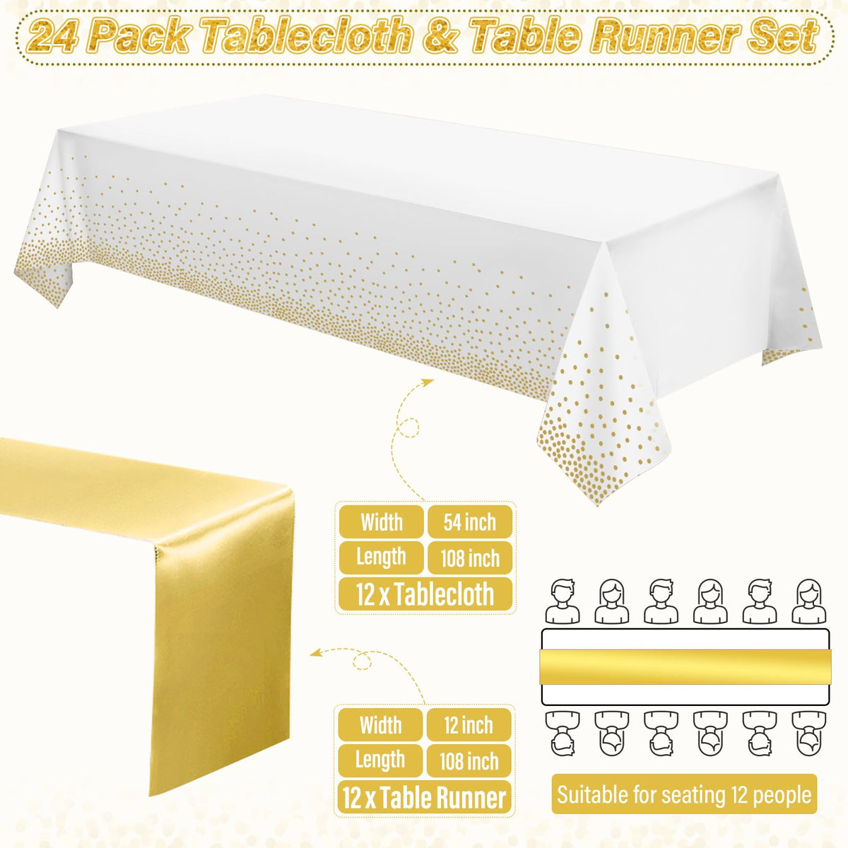24 Pack White and Gold Tablecloth and Table Runner Set Party Decorations, White and Yellow Gold Plastic Disposable