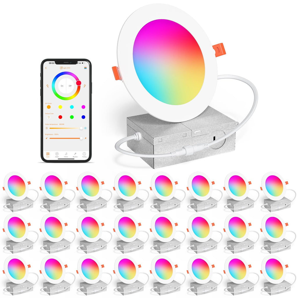 Smart Recessed Lighting 4 Inch RGBCW Color Changing 12W LED Downlight with Junction Box,1080 Lumen Recessed