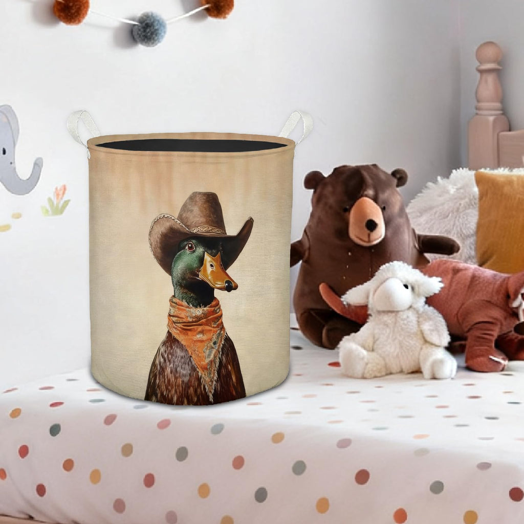 Cowboy Mallard Duck Western Laundry Basket, Rustic Vintage Cowboy Hat Mallard Duck Foldable Laundry Hamper With