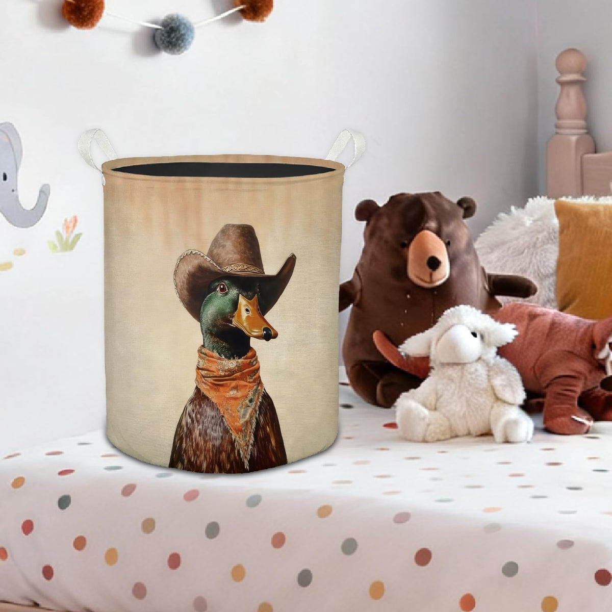 Cowboy Mallard Duck Western Laundry Basket, Rustic Vintage Cowboy Hat Mallard Duck Foldable Laundry Hamper With