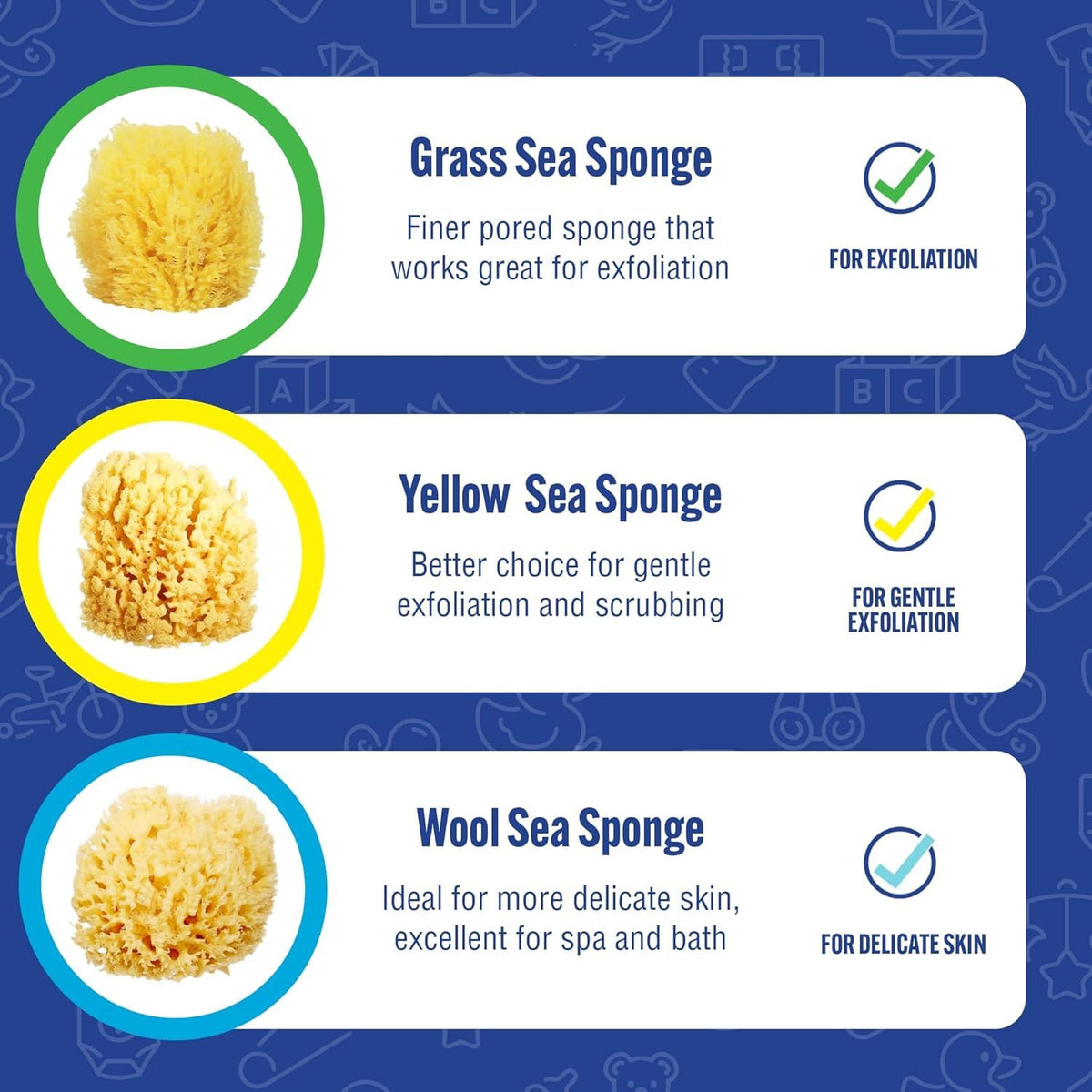 Buddy Natural Bath Sponge, Ultra-Soft Sea Wool, Gentle on Baby's Skin, Hypoallergenic, Biodegradable, 3-Pack, 4in for