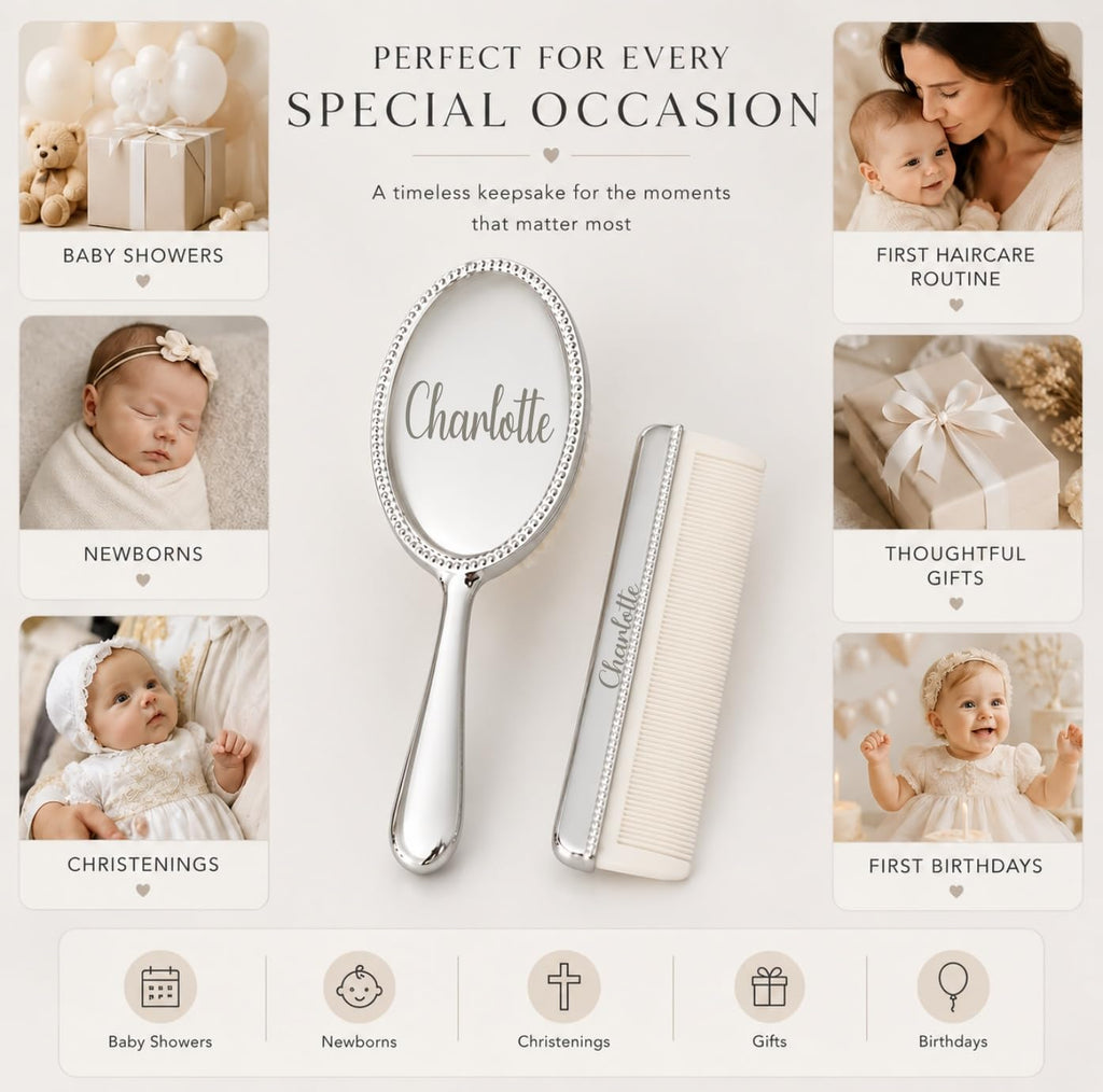 Engraved Silver-Plated Brush & Comb Set - Newborn Grooming Kit, Soft Bristle Hairbrush, Custom Baby Keepsake Gift