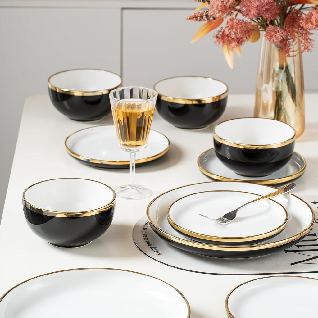 Black and Gold Ceramic Dinnerware Sets for 4, 16-Piece Luxury Plates and Bowls Sets with Gold Rim, Modern Dish Set