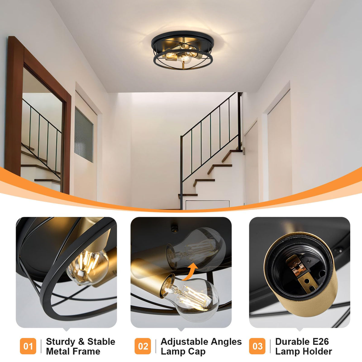 Farmhouse Light Fixtures, 3-Light Round Metal Flush Mount Ceiling Light