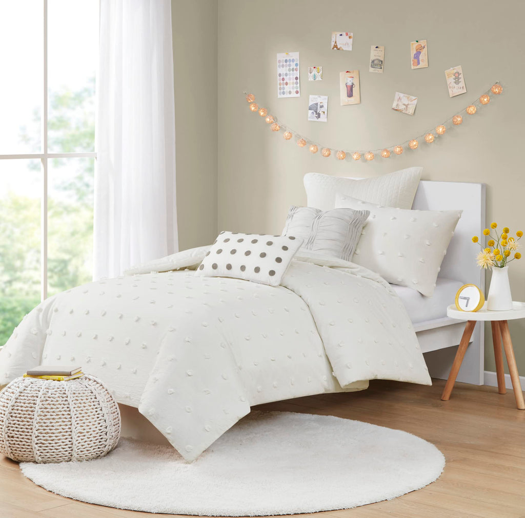 Cotton Jacquard Pompom Ivory Twin Duvet Cover Set, 5pc