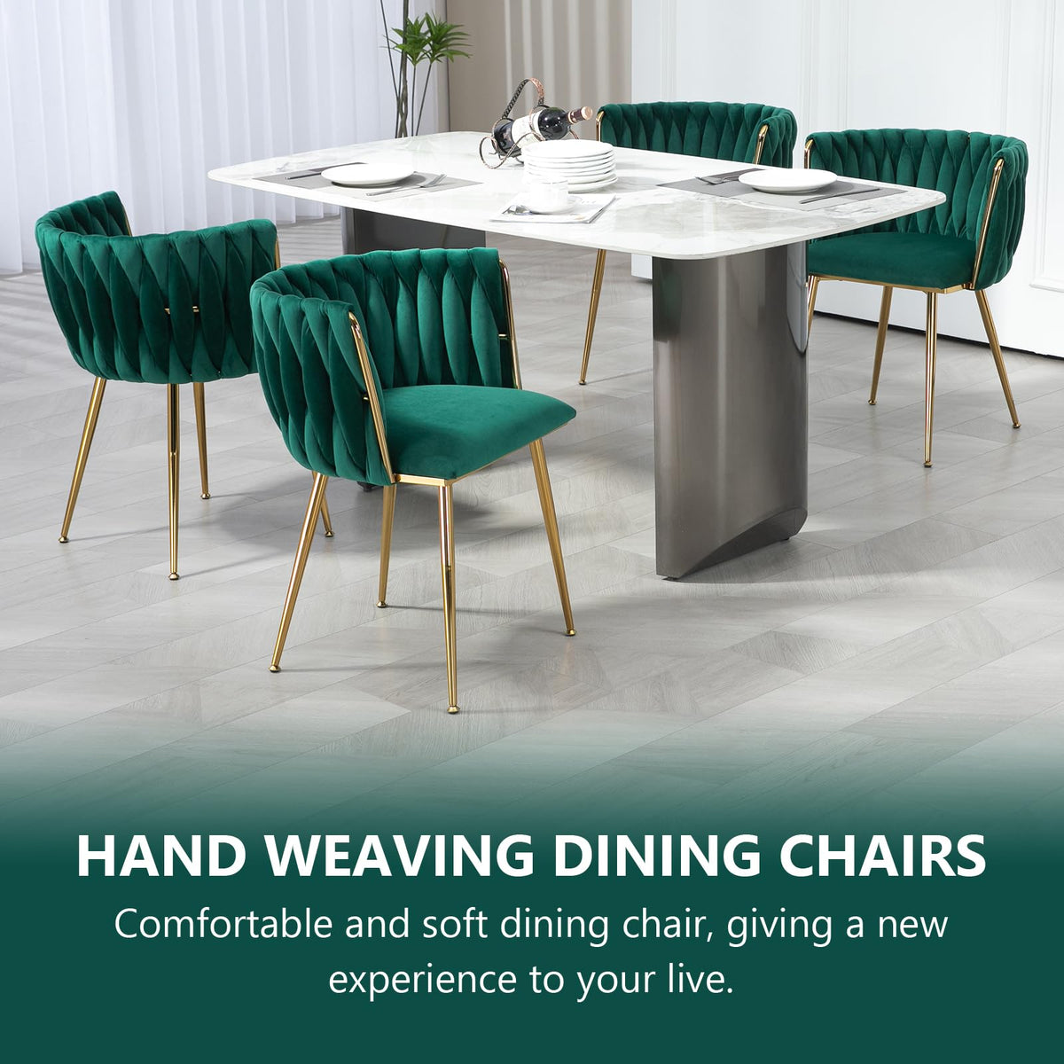 Velvet Dining Chairs Set of 4, Woven Upholstered Kitchen Chairs