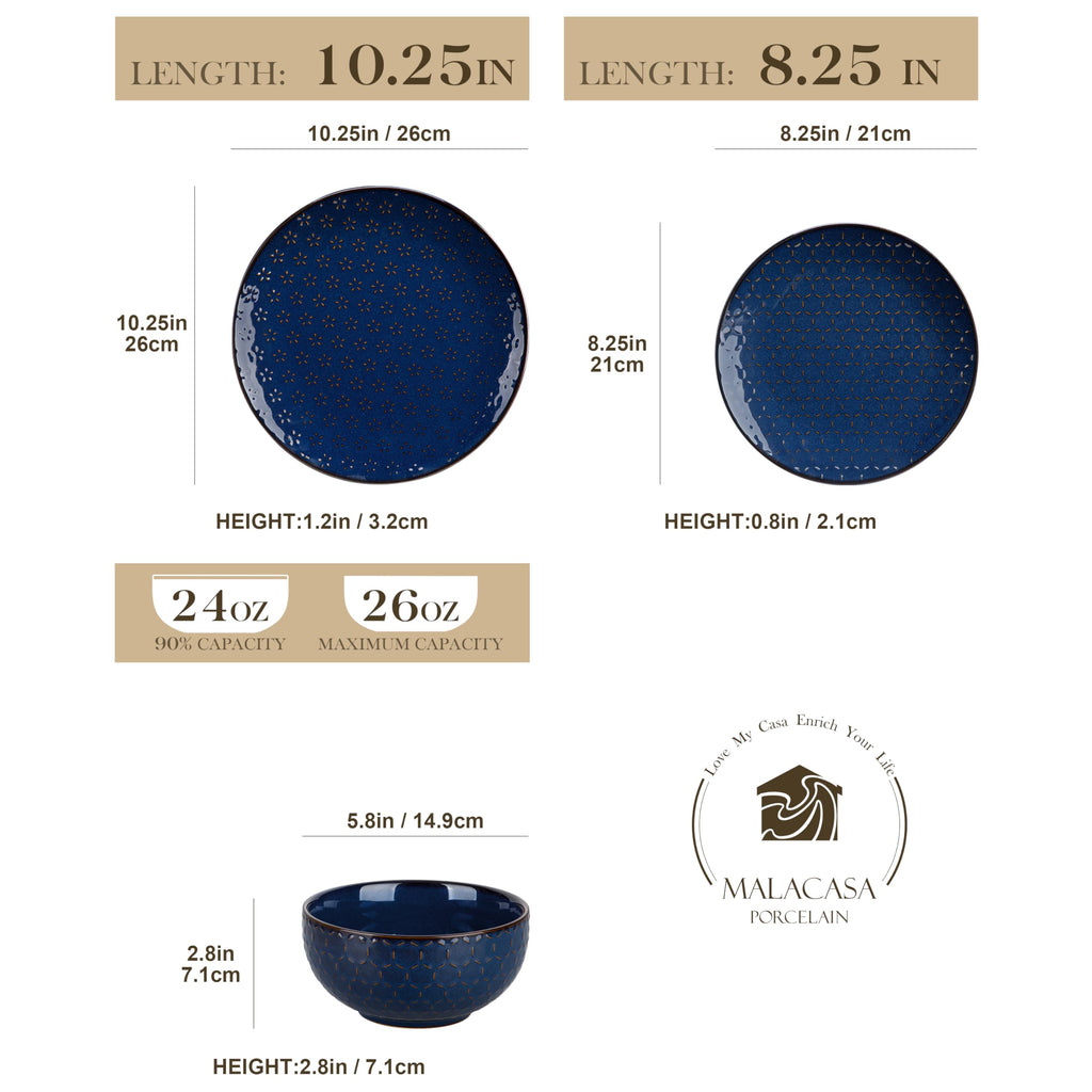 12 Pieces Dinnerware Sets, Modern Plates and Bowls Sets, Blue Dish Set for 4, Kitchen Ceramic Dinner Plates Dishware