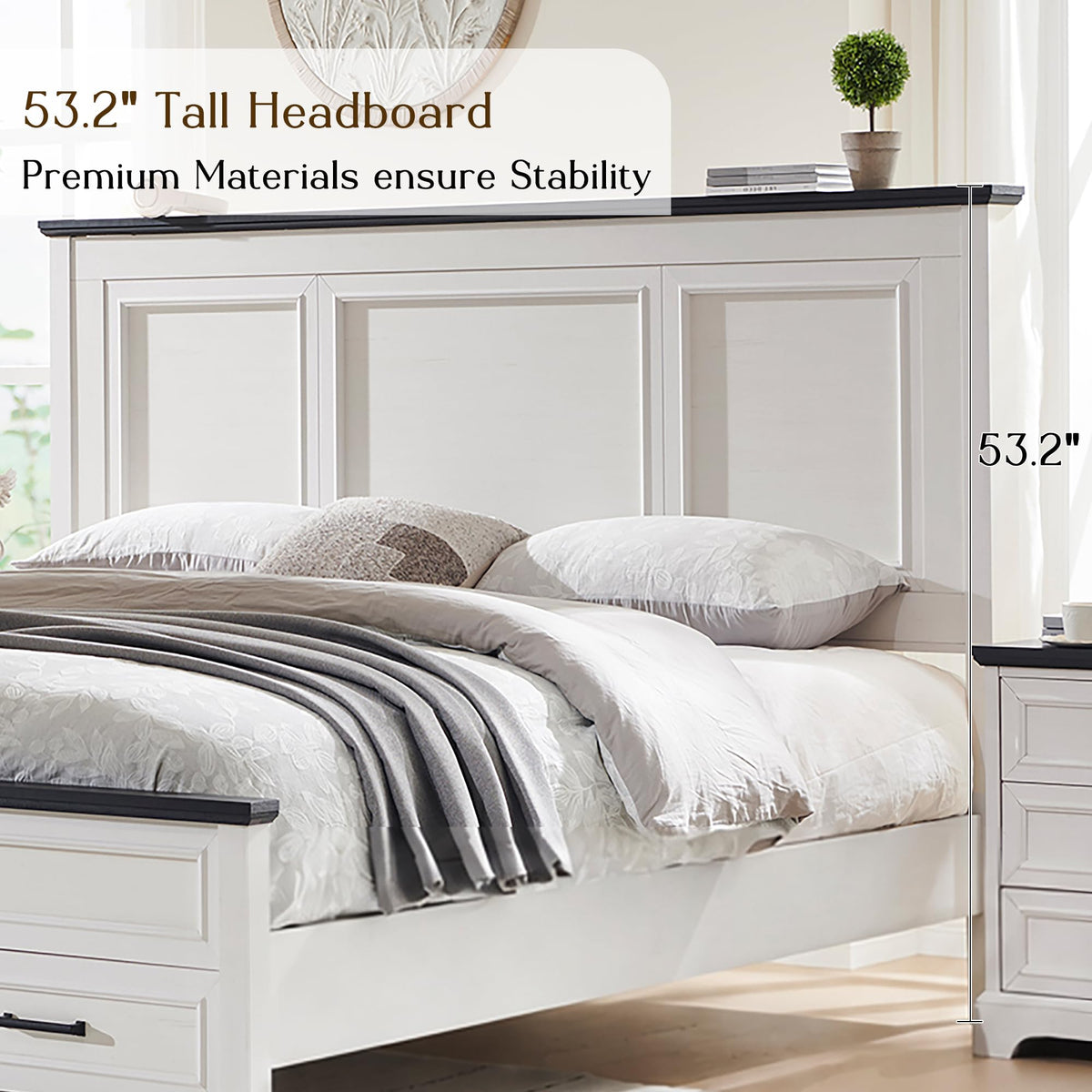 Farmhouse Bed Frame with 53" Tall Headboard, Off White